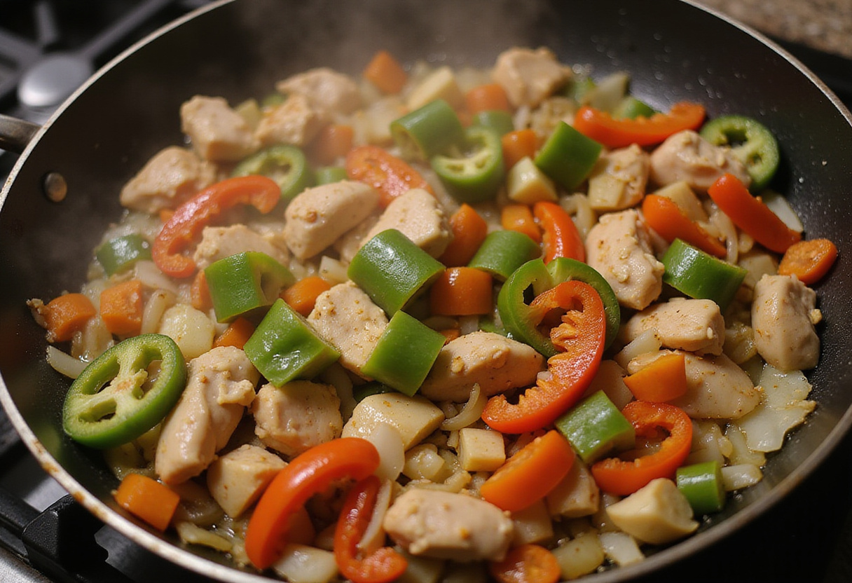Sautéing vegetables for smothered chicken and rice recipe, featuring bell peppers and onions.