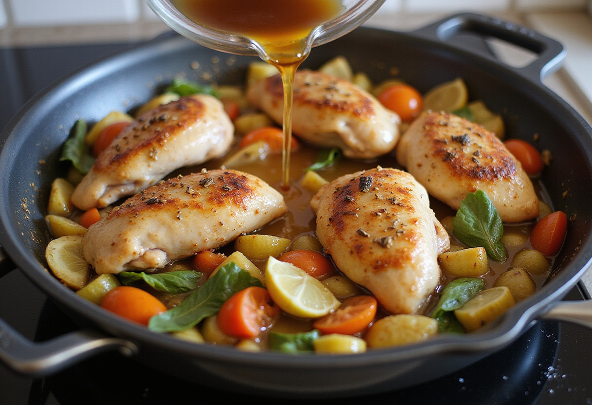 Combining chicken and sautéed vegetables in a skillet for delicious smothered chicken and rice.