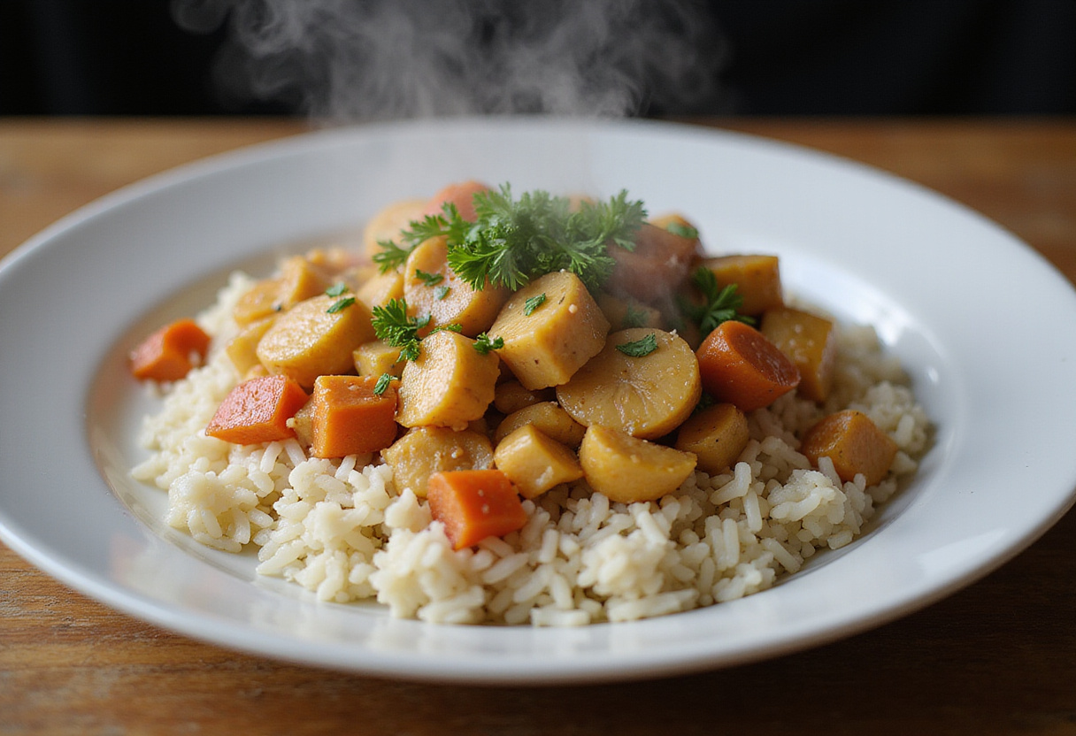 Serving smothered chicken over cooked rice, garnished with parsley for a hearty meal.