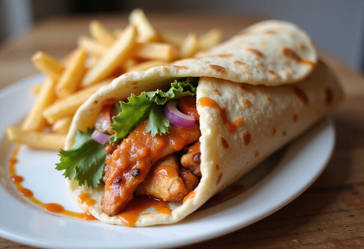 Authentic spicy chicken shawarma wrap ready to enjoy, bursting with flavors and fresh ingredients, perfect for a savory meal.