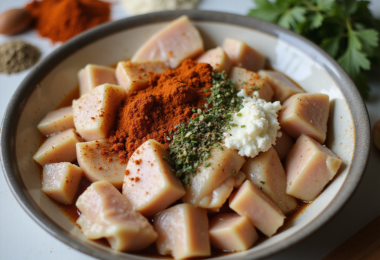 Delicious spicy chicken shawarma marinade with diced chicken and vibrant spices for an authentic flavor.