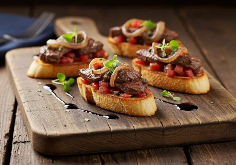 Final presentation of Steak & French Onion Bruschetta, highlighting the vibrant layers of flavor and the gourmet appeal as an appetizer.