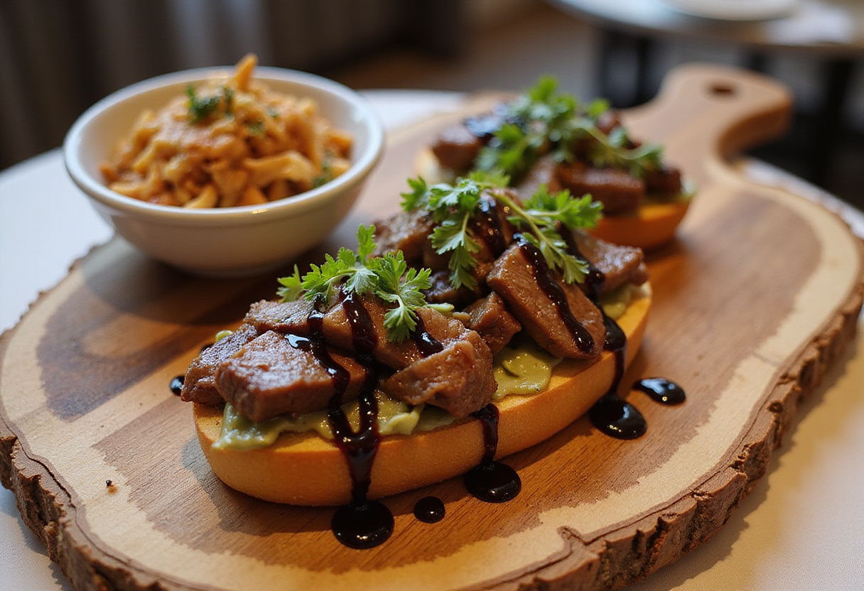 Final presentation of Steak & French Onion Bruschetta, highlighting the vibrant layers of flavor and the gourmet appeal as an appetizer.