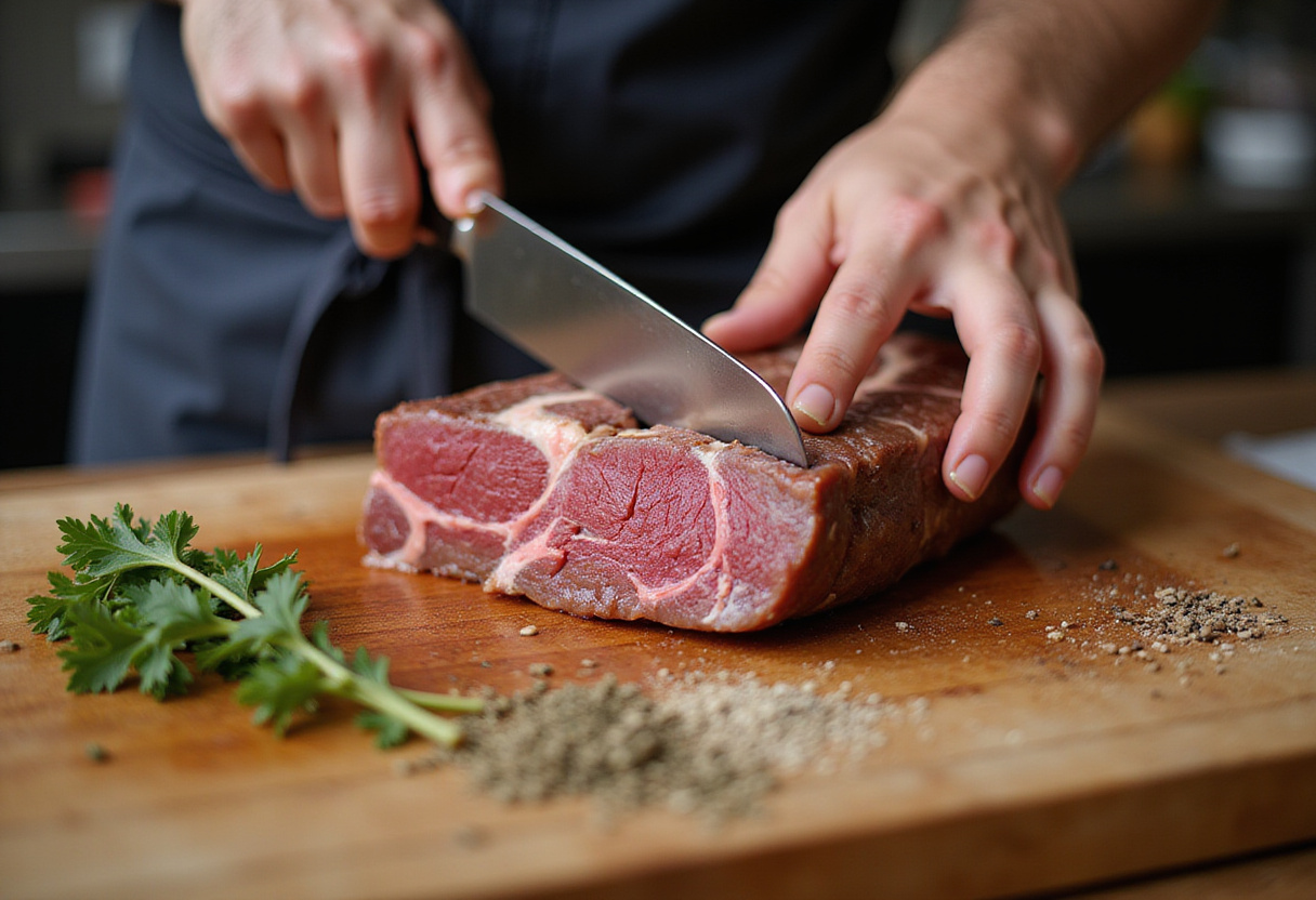 Slicing juicy steak for Steak & French Onion Bruschetta, showcasing high-quality meat preparation and spices.
