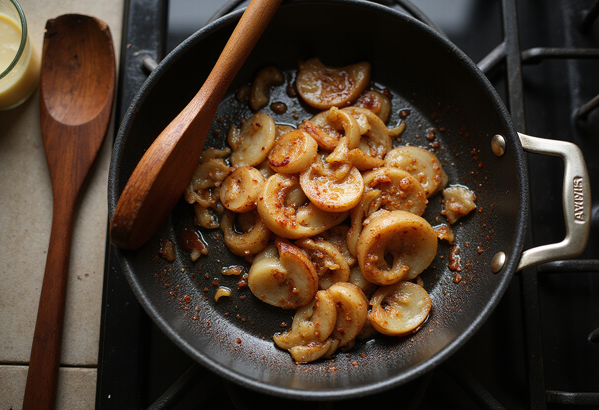 Caramelizing onions for French Onion Bruschetta, highlighting the deep, rich colors and textures creating a flavorful topping.