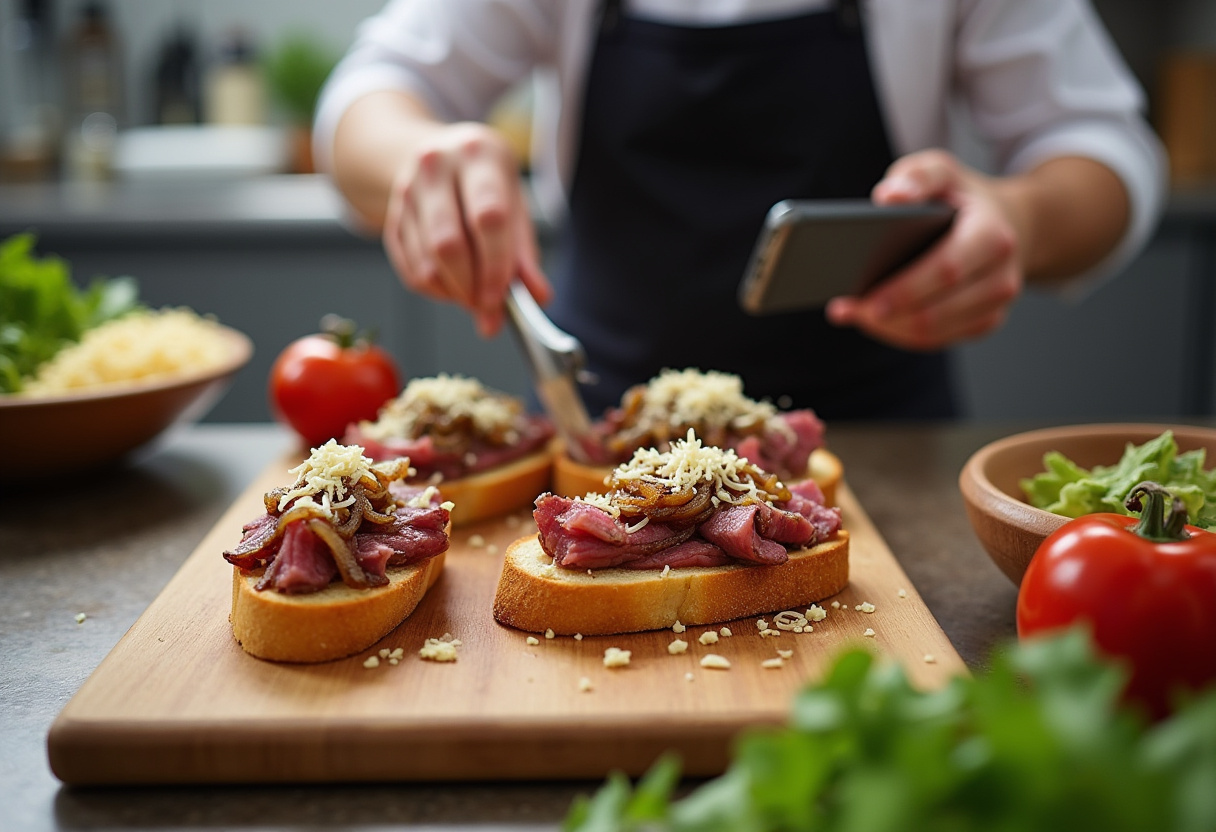 Assembling Steak & French Onion Bruschetta, showcasing the layering of steak and onions on toasted bread for a gourmet touch.