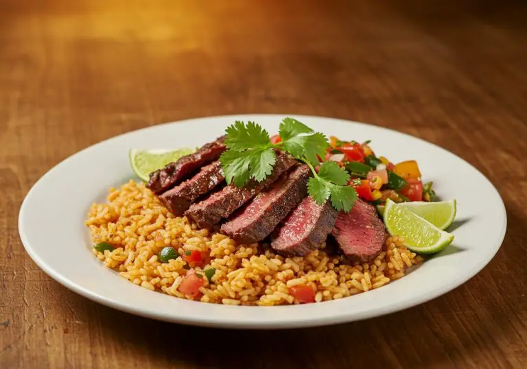 Gourmet presentation of Steak & Queso Rice, featuring garnishes that enhance the dish's visual appeal and flavor.