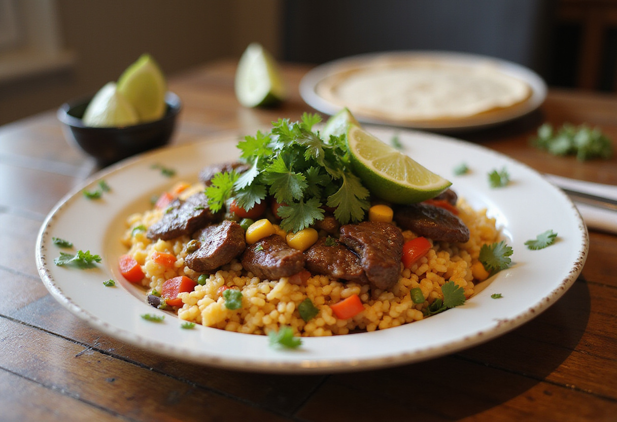 Gourmet presentation of Steak & Queso Rice, featuring garnishes that enhance the dish's visual appeal and flavor.