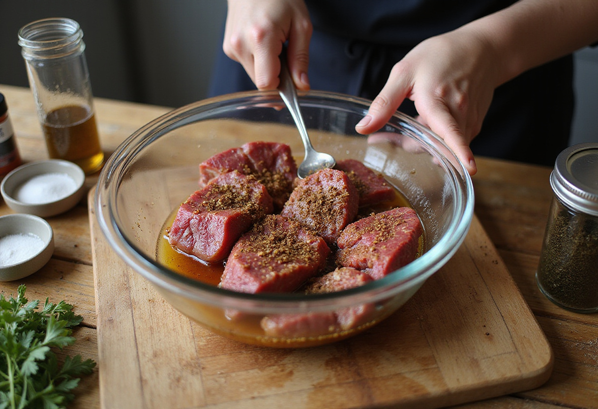 Steak marination process for flavorful Steak & Queso Rice, featuring spices, herbs, and a glass bowl.