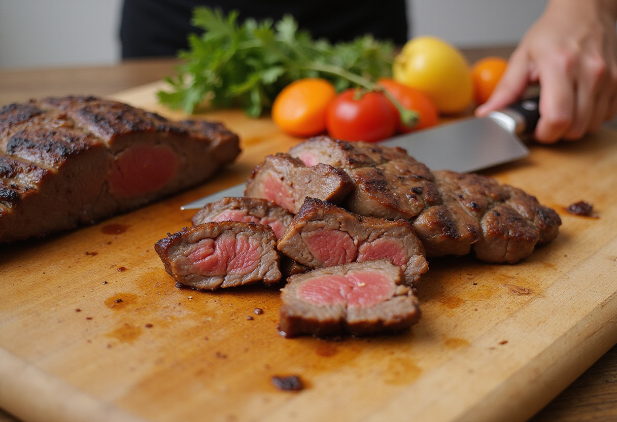 Chopping cooked steak for Steak & Queso Rice, demonstrating the preparation of ingredients with fresh veggies in the scene.