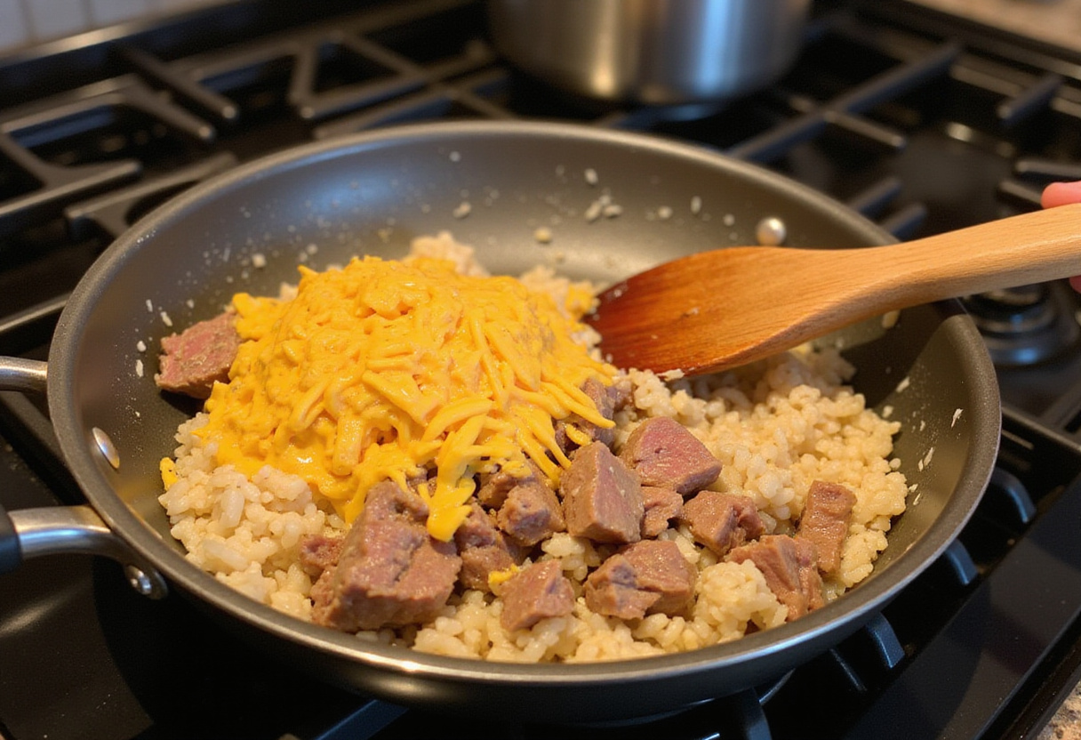 Combining rice, melted queso, and steak in a skillet for delicious Steak & Queso Rice, highlighting the cooking process.