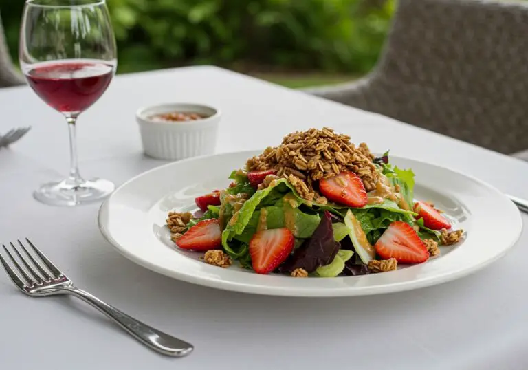 Final presentation of a Strawberry Crunch Salad with Champagne Vinaigrette, showcasing a colorful and appetizing dish perfect for any occasion.
