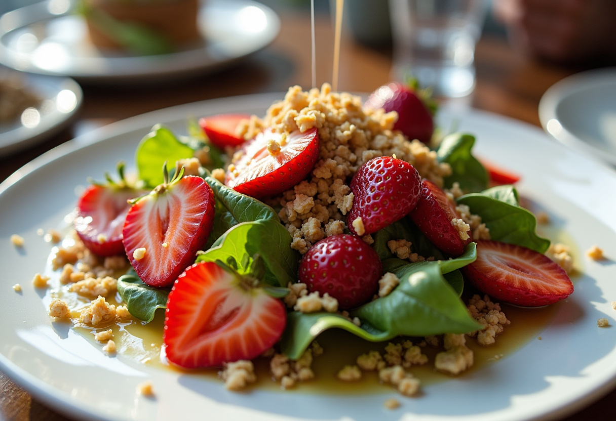 Final presentation of a Strawberry Crunch Salad with Champagne Vinaigrette, showcasing a colorful and appetizing dish perfect for any occasion.