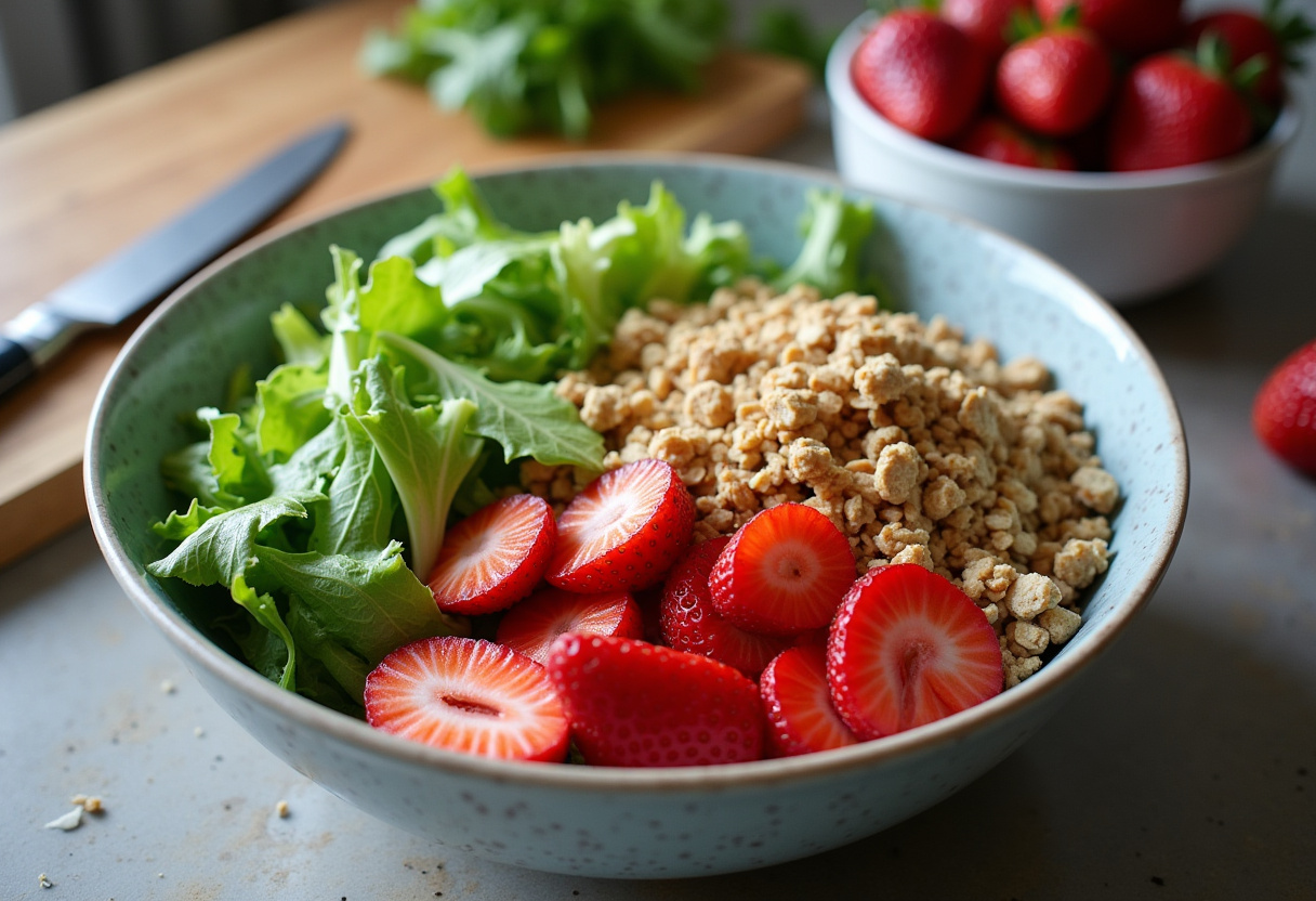 Fresh ingredients for Strawberry Crunch Salad with Champagne Vinaigrette including strawberries, romaine lettuce, and granola.