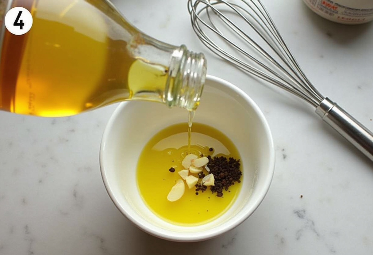 Creating a delicious Champagne Vinaigrette for the Strawberry Crunch Salad, combining champagne vinegar, garlic, and olive oil.