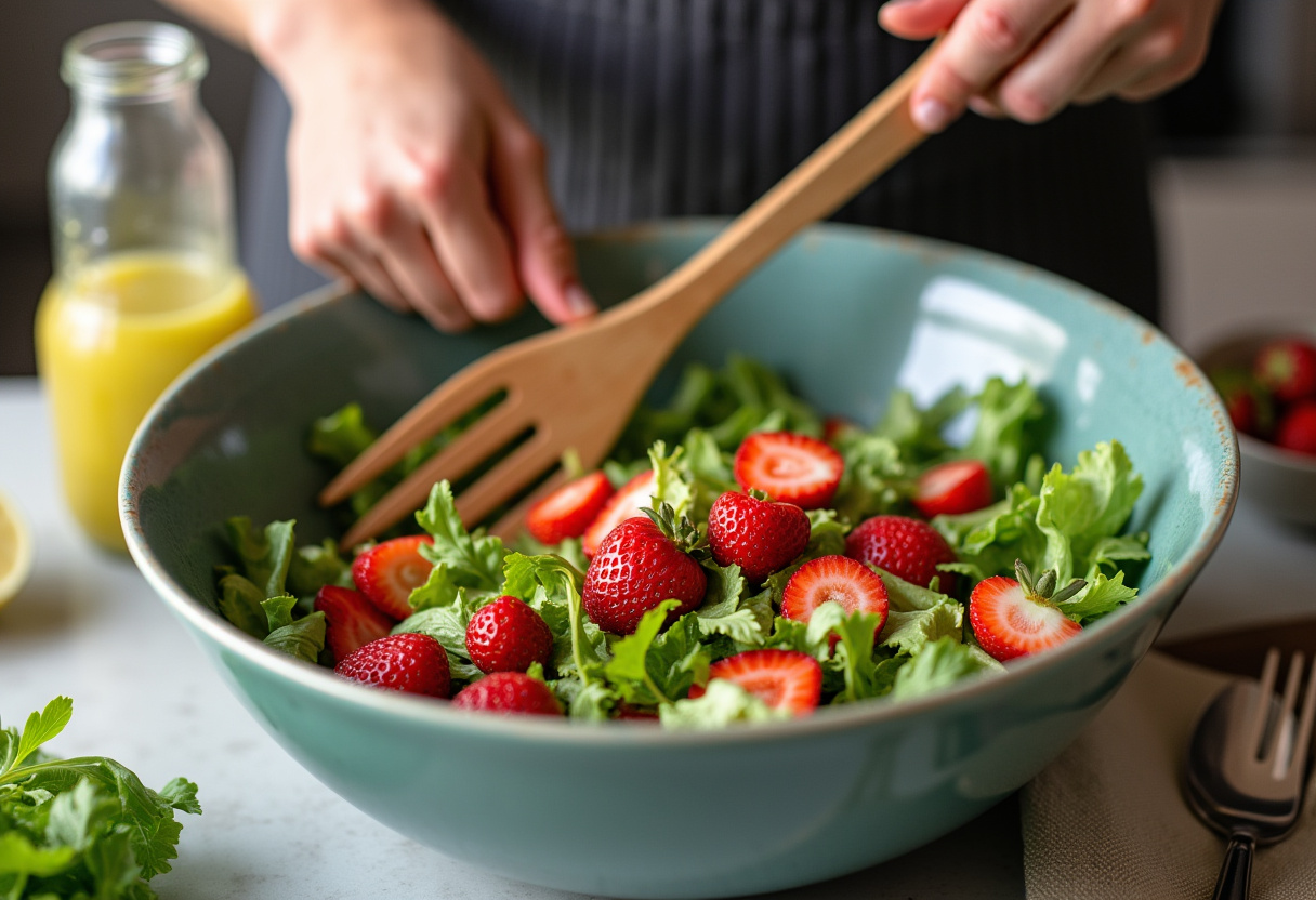 Tossing fresh strawberries and romaine lettuce for a flavorful Strawberry Crunch Salad to be drizzled with homemade Champagne Vinaigrette.