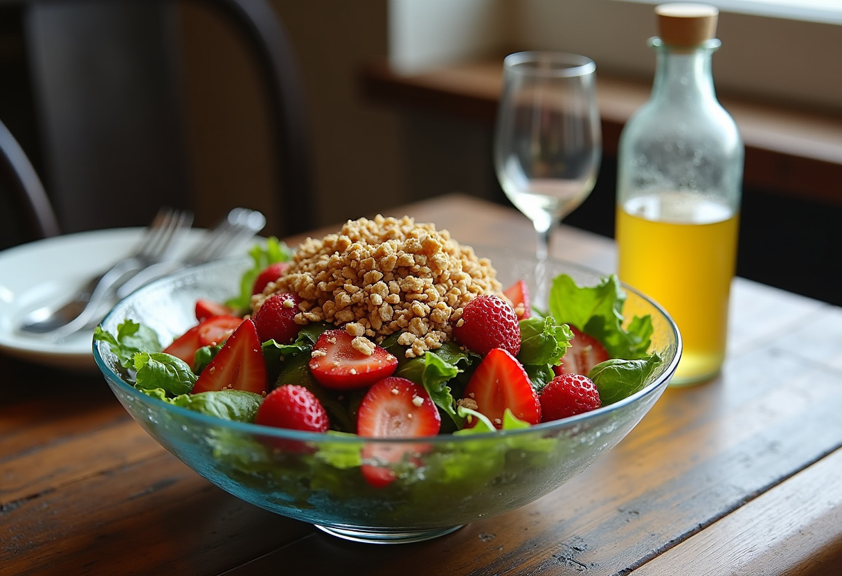 A vibrant Strawberry Crunch Salad with Champagne Vinaigrette presented in a glass bowl, perfectly garnished for a refreshing meal.