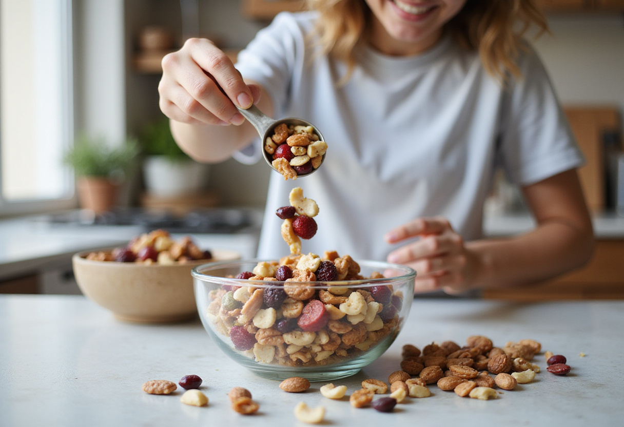 Preparing a healthy supermodel snack with mixed nuts and dried fruits for a nutritious boost.