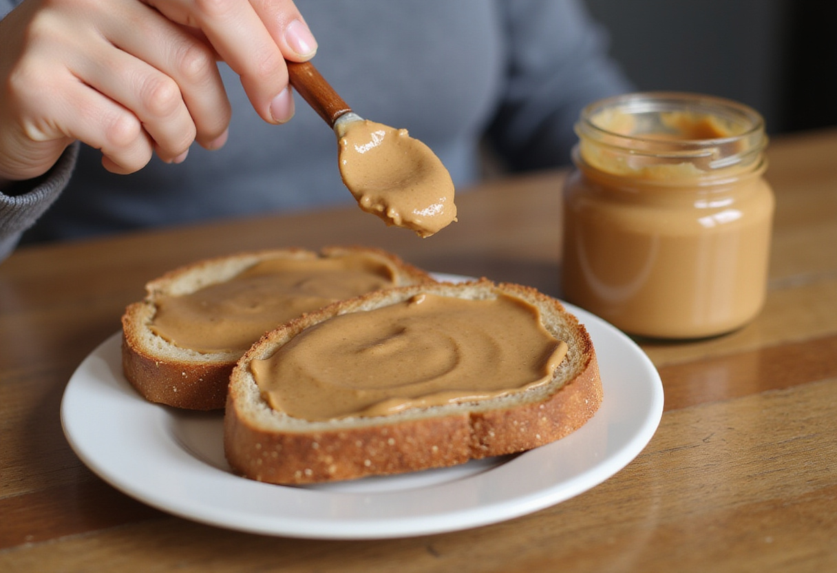 Spreading nut butter on whole grain toast to create a delicious and energizing supermodel snack.