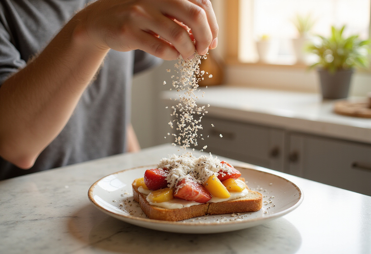 Adding chia seeds and coconut to enhance the flavor and nutrition of a supermodel snack.