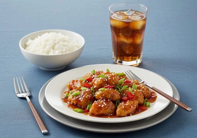 Final result of Sweet Chili Chicken Recipe beautifully served with rice and refreshing iced tea for a complete meal experience.