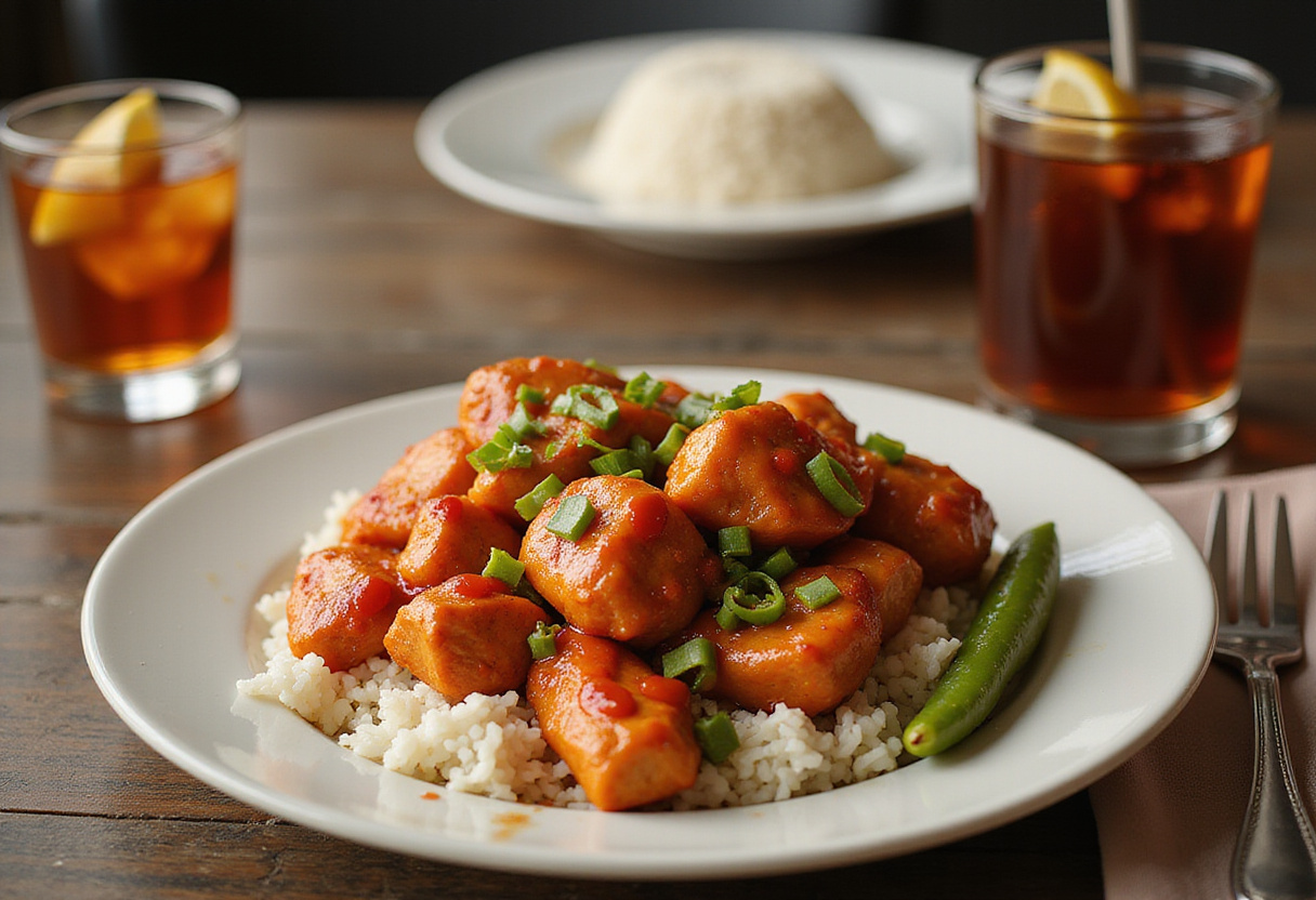 Final result of Sweet Chili Chicken Recipe beautifully served with rice and refreshing iced tea for a complete meal experience.