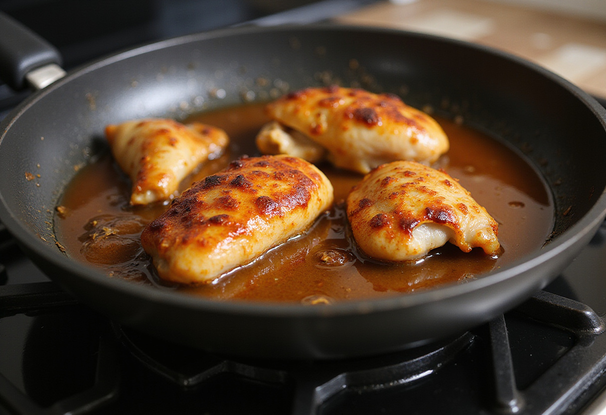 Delicious Sweet Chili Chicken Recipe cooking in a frying pan with sizzling sounds and aromatic sauce.