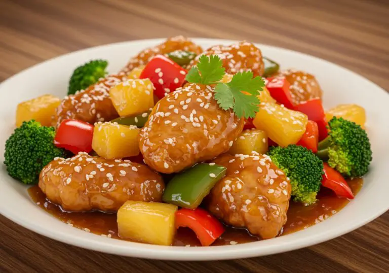Final presentation of a delicious low-calorie sweet and sour chicken dish, highlighting its appealing colors and healthy ingredients for a nutritious meal.