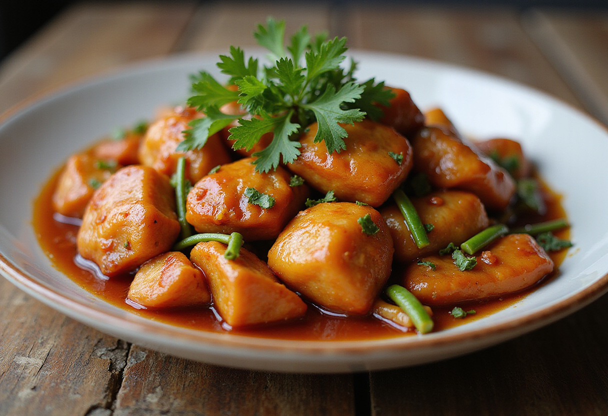 Final presentation of a delicious low-calorie sweet and sour chicken dish, highlighting its appealing colors and healthy ingredients for a nutritious meal.