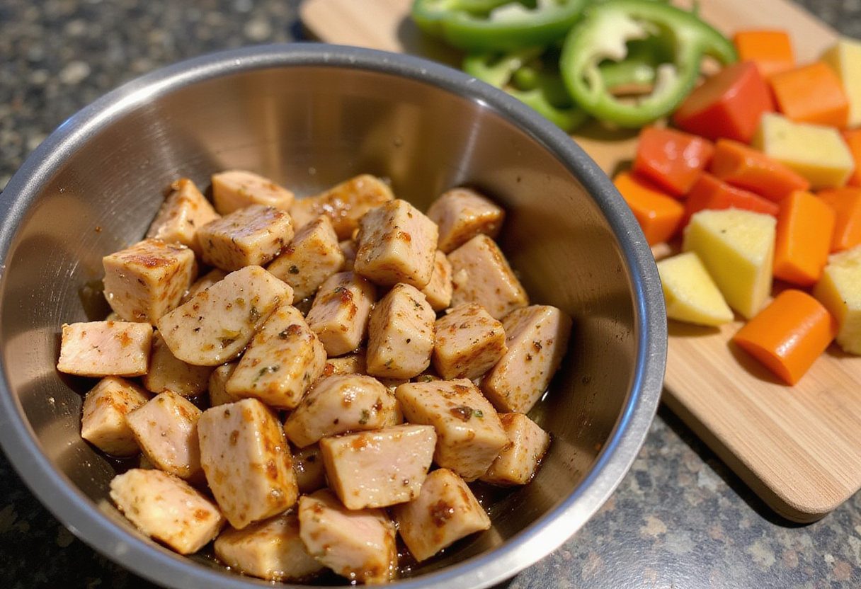 Sweet and sour chicken marination with low-calorie ingredients, showcasing diced chicken breast, garlic, ginger, and vibrant vegetables for a healthy recipe.