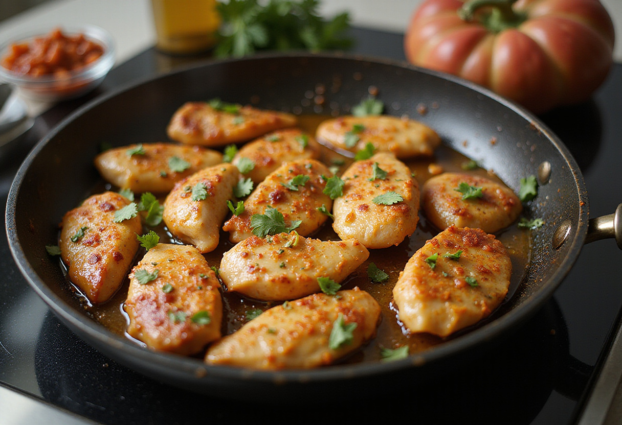 Preparing low-calorie sweet and sour chicken in a skillet, highlighting the stir-frying process of marinated chicken for a high-protein dish.