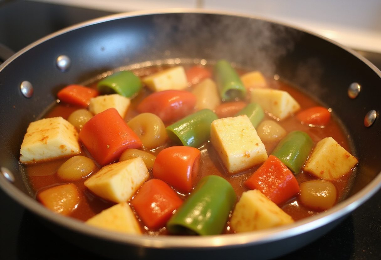 Cooking colorful bell peppers and pineapple in sweet and sour sauce for a healthy chicken dish, illustrating the flavorful and nutritious components of the recipe.
