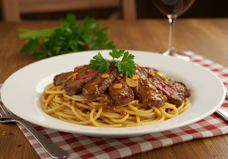 Delicious sweet and spicy garlic steak pasta served elegantly, showcasing vibrant colors and textures for a satisfying meal.