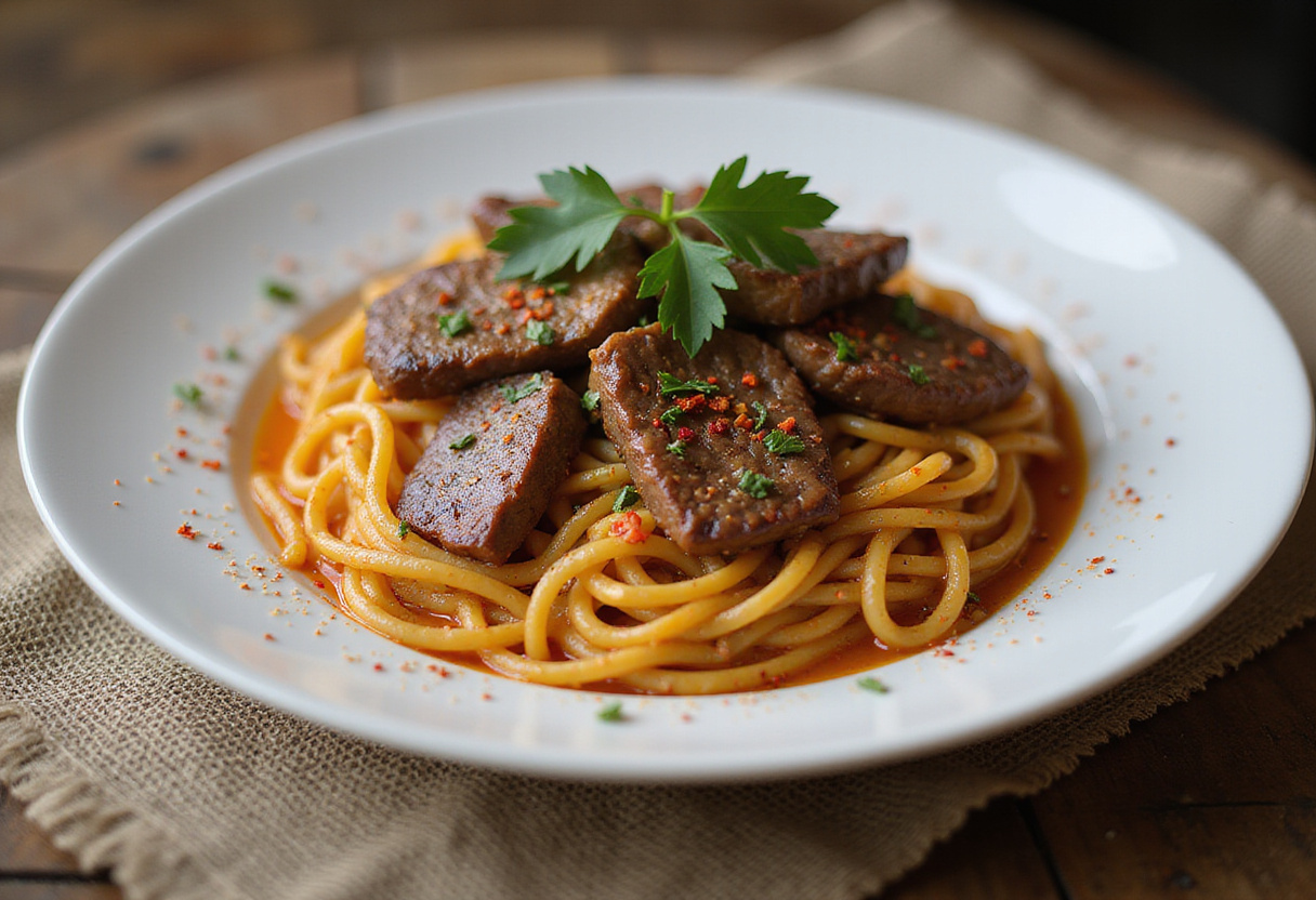 Delicious sweet and spicy garlic steak pasta served elegantly, showcasing vibrant colors and textures for a satisfying meal.