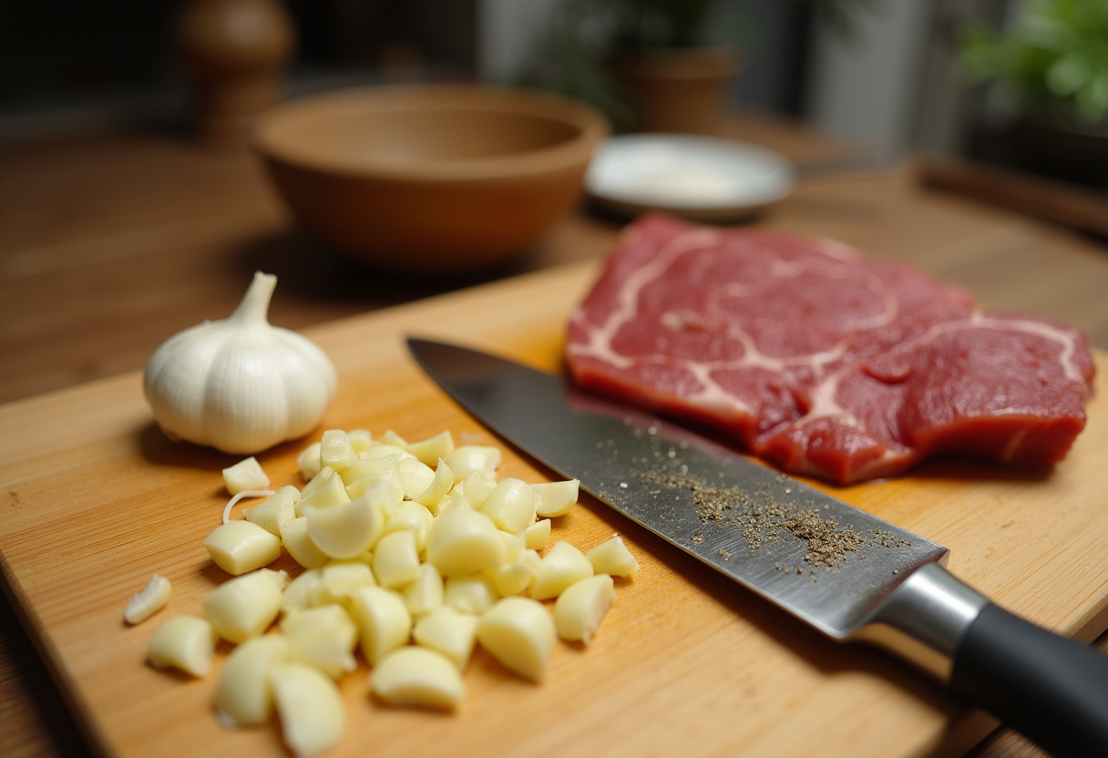 Minced garlic for sweet and spicy garlic steak pasta, preparing fresh ingredients for a flavorful meal.