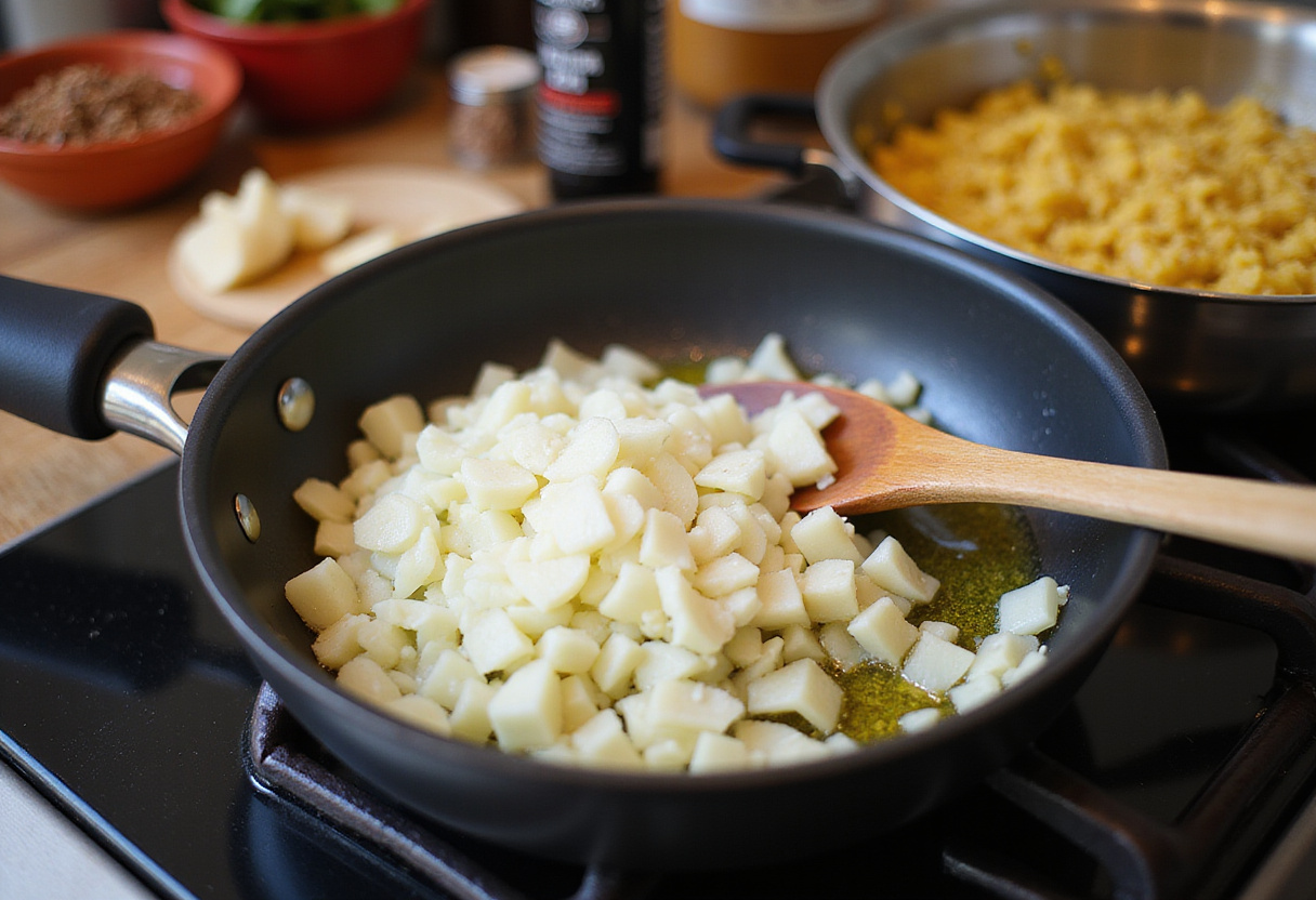 Sautรฉing onions for sweet and spicy garlic steak pasta, creating a savory base for the dish.