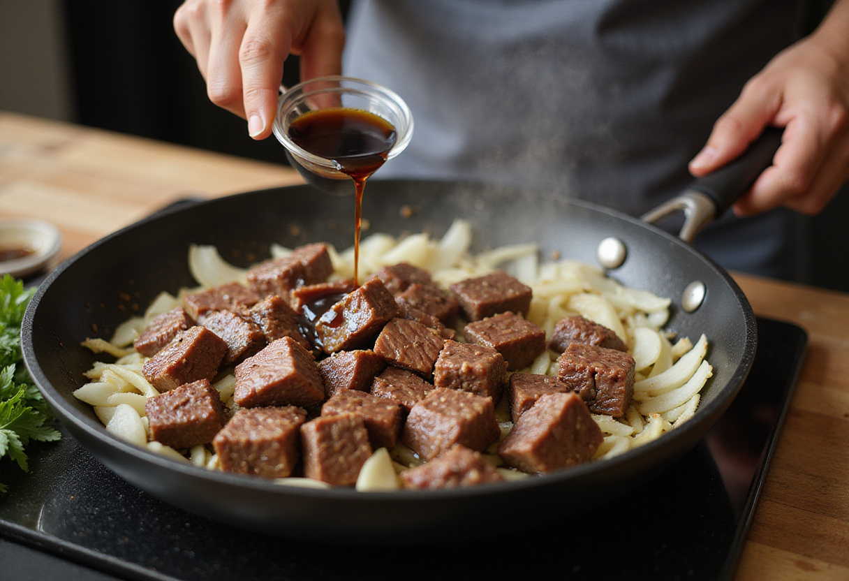 Cooking steak for sweet and spicy garlic steak pasta, enhancing the meat with rich flavors and aromas.