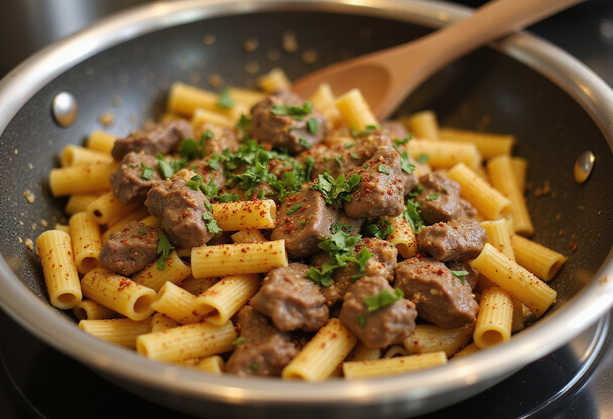 Mixing sweet and spicy garlic steak pasta, blending all essential ingredients for a delicious dish.