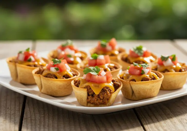 Final presentation of Taco Ranch Bites on a rustic platter, highlighting the delicious fillings and vibrant colors of fresh toppings.
