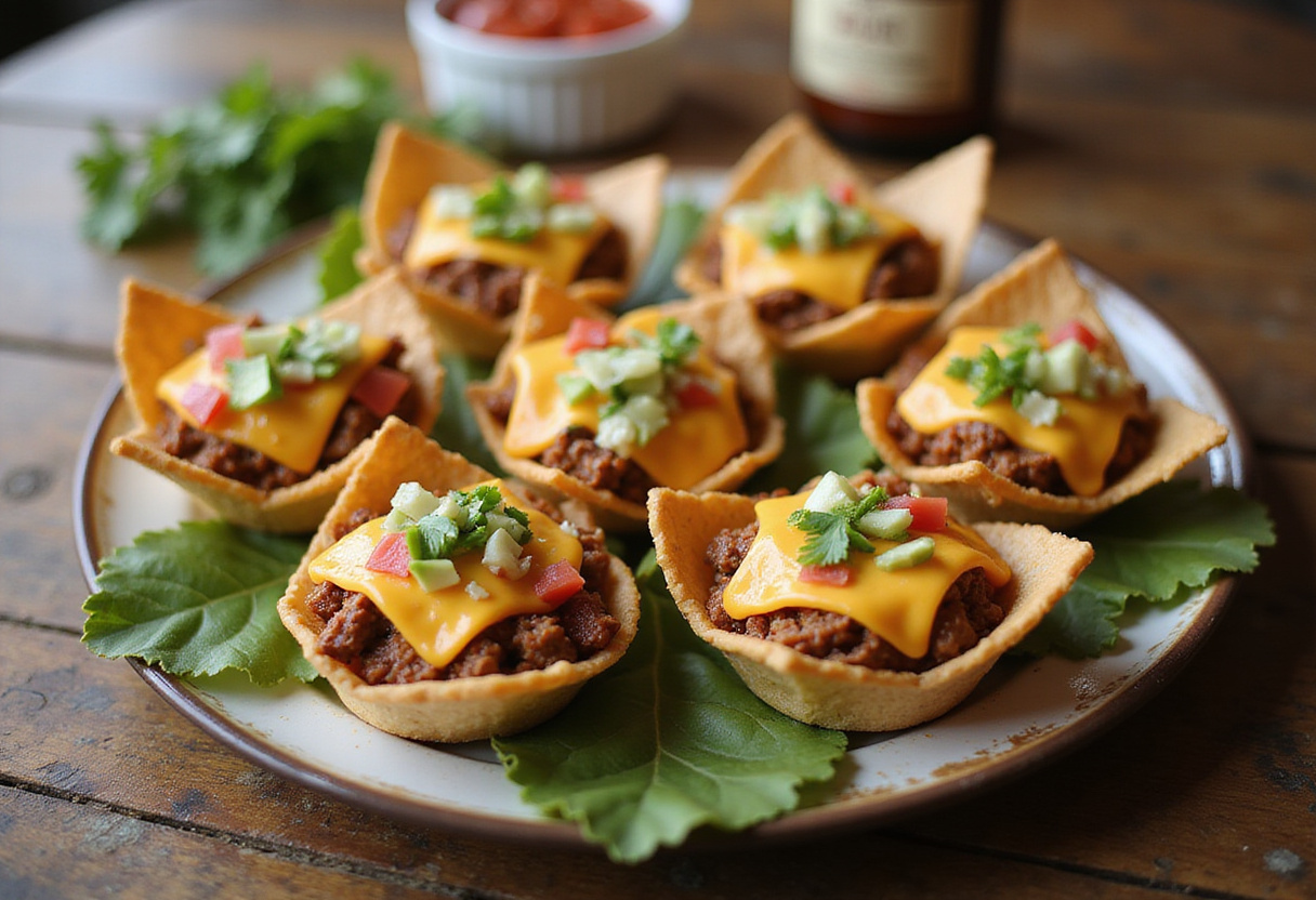 Final presentation of Taco Ranch Bites on a rustic platter, highlighting the delicious fillings and vibrant colors of fresh toppings.