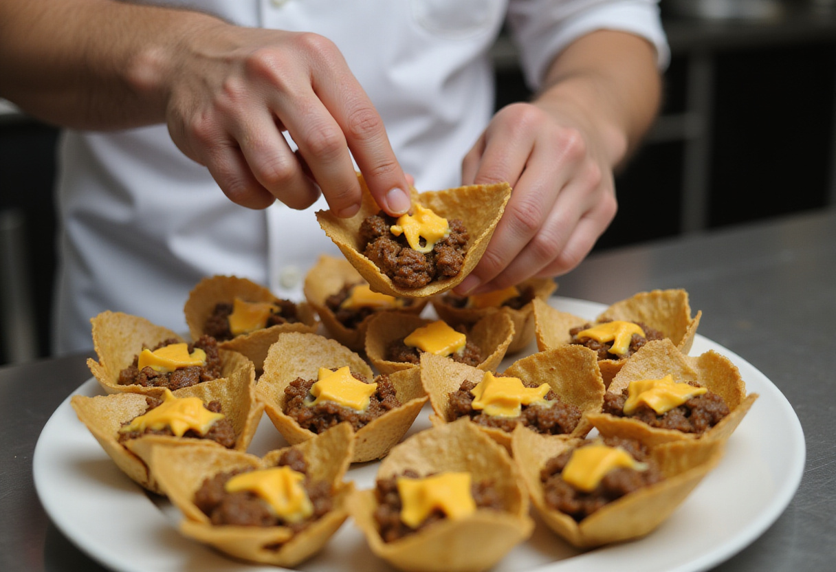 Filling mini tortilla cups with taco seasoned beef and cheese for Taco Ranch Bites, ready for serving.