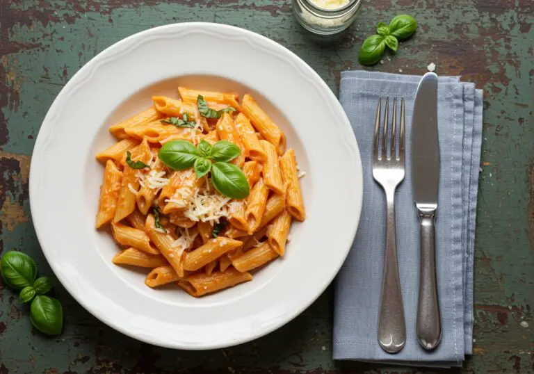 Delicious creamy tomato pasta served on a plate, beautiful presentation with basil and cheese, perfect for a comforting meal.