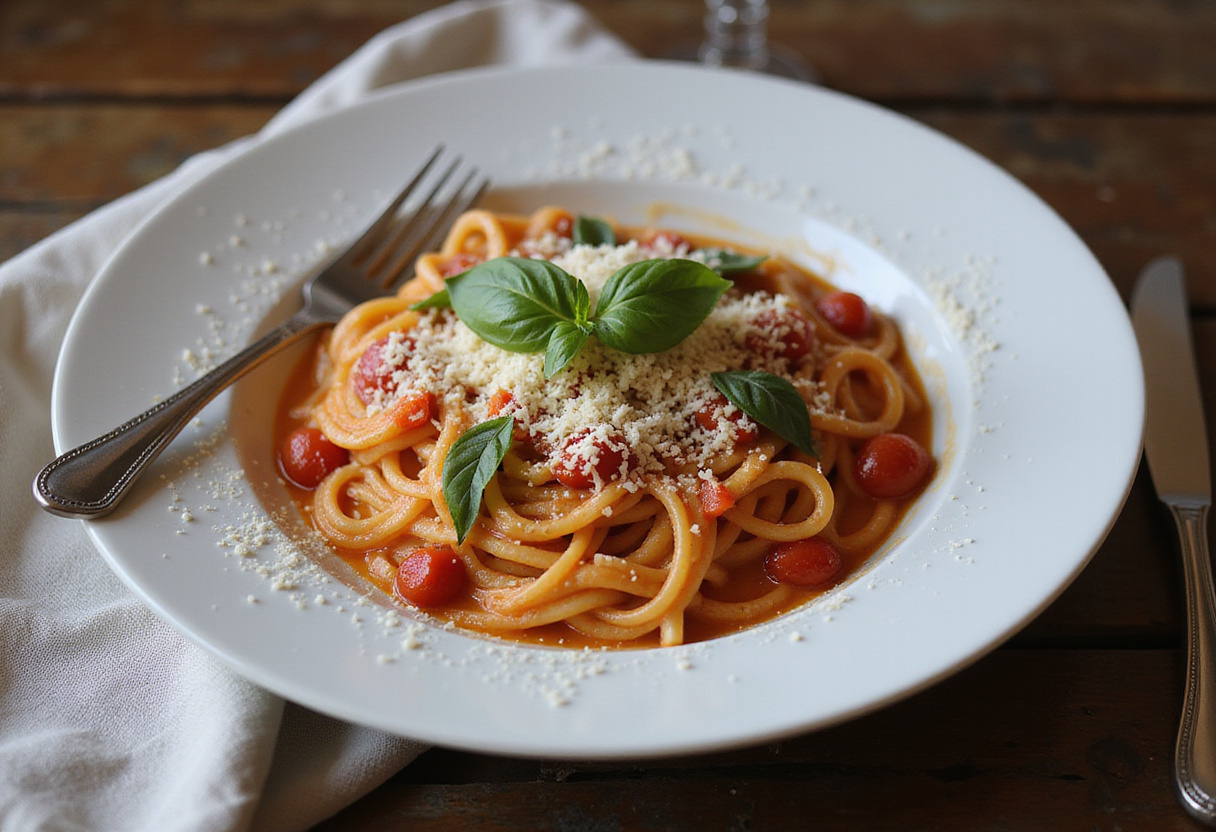 Delicious creamy tomato pasta served on a plate, beautiful presentation with basil and cheese, perfect for a comforting meal.