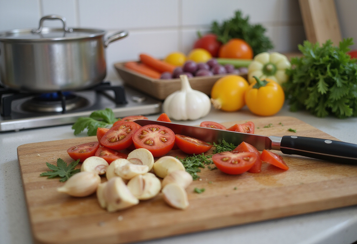 Fresh tomatoes and garlic being chopped for creamy tomato pasta, vibrant kitchen ingredients, cooking preparation.