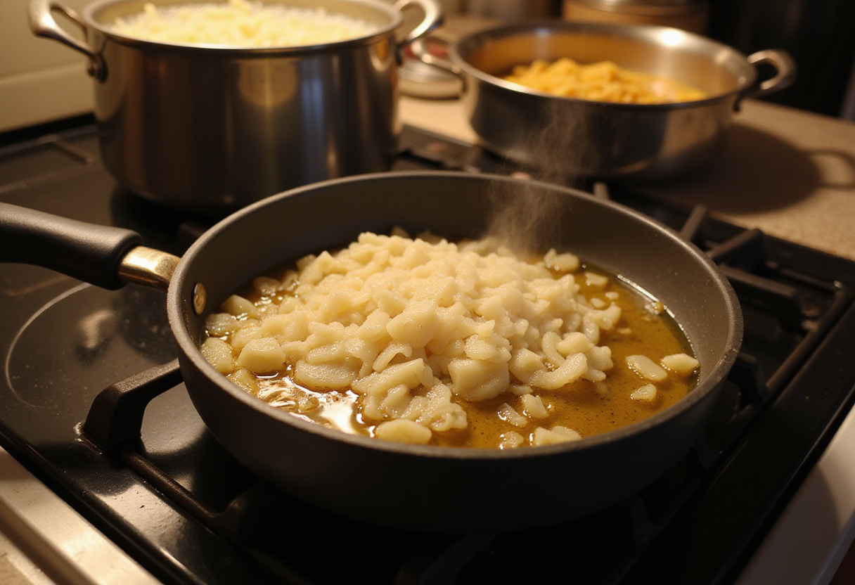 Sautรฉing onions in olive oil for creamy tomato pasta, flavorful ingredients and a bustling kitchen scene.