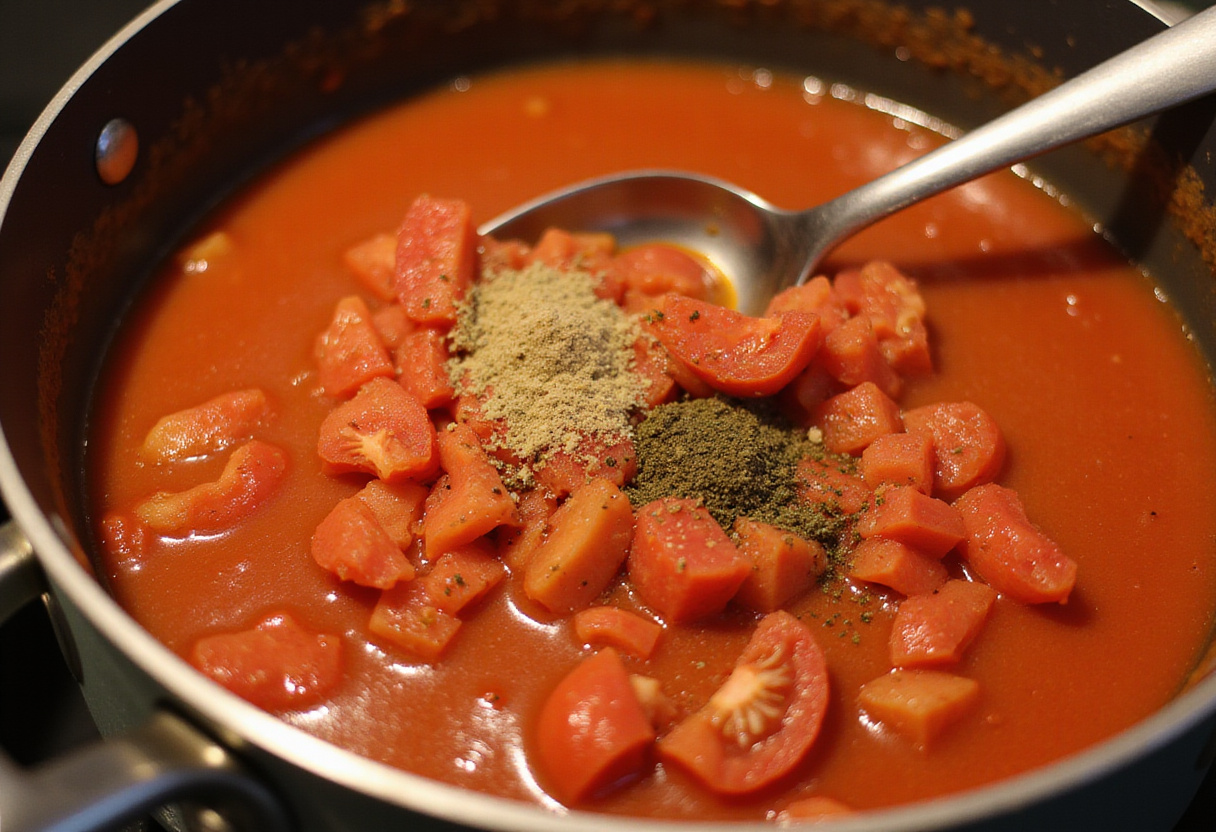 Preparing a rich tomato sauce for creamy pasta, vibrant colors of crushed tomatoes and herbs in the kitchen.