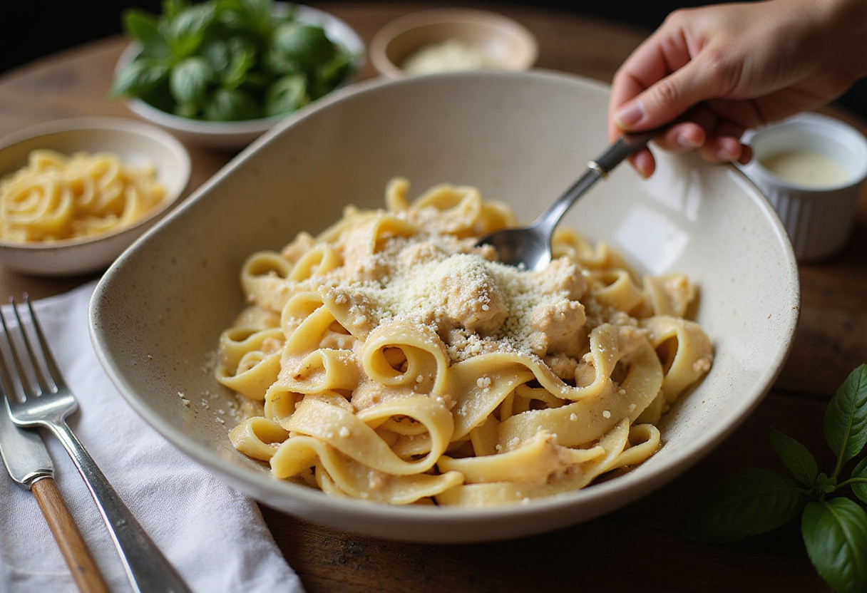 Combining creamy sauce with pasta, a delicious creamy tomato pasta preparation in a inviting kitchen.