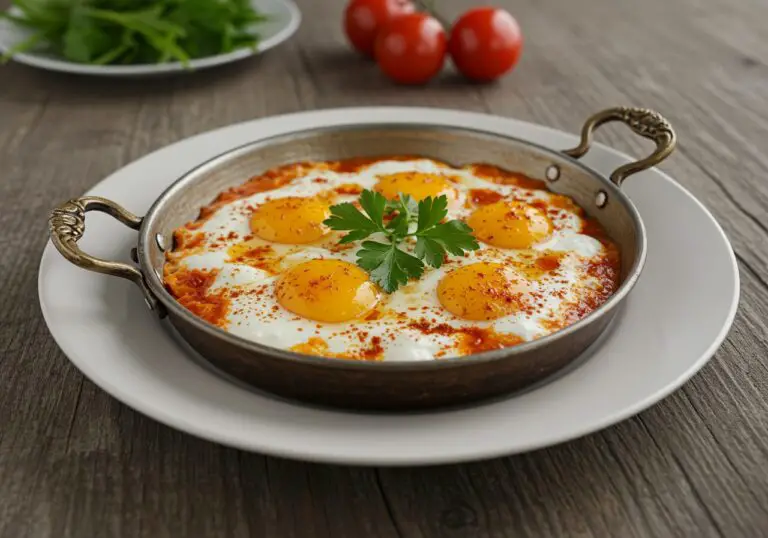 Final presentation of Turkish Eggs with Greek Yogurt, showcasing poached eggs on creamy yogurt adorned with herbs and spices. A delicious and visually appealing meal.