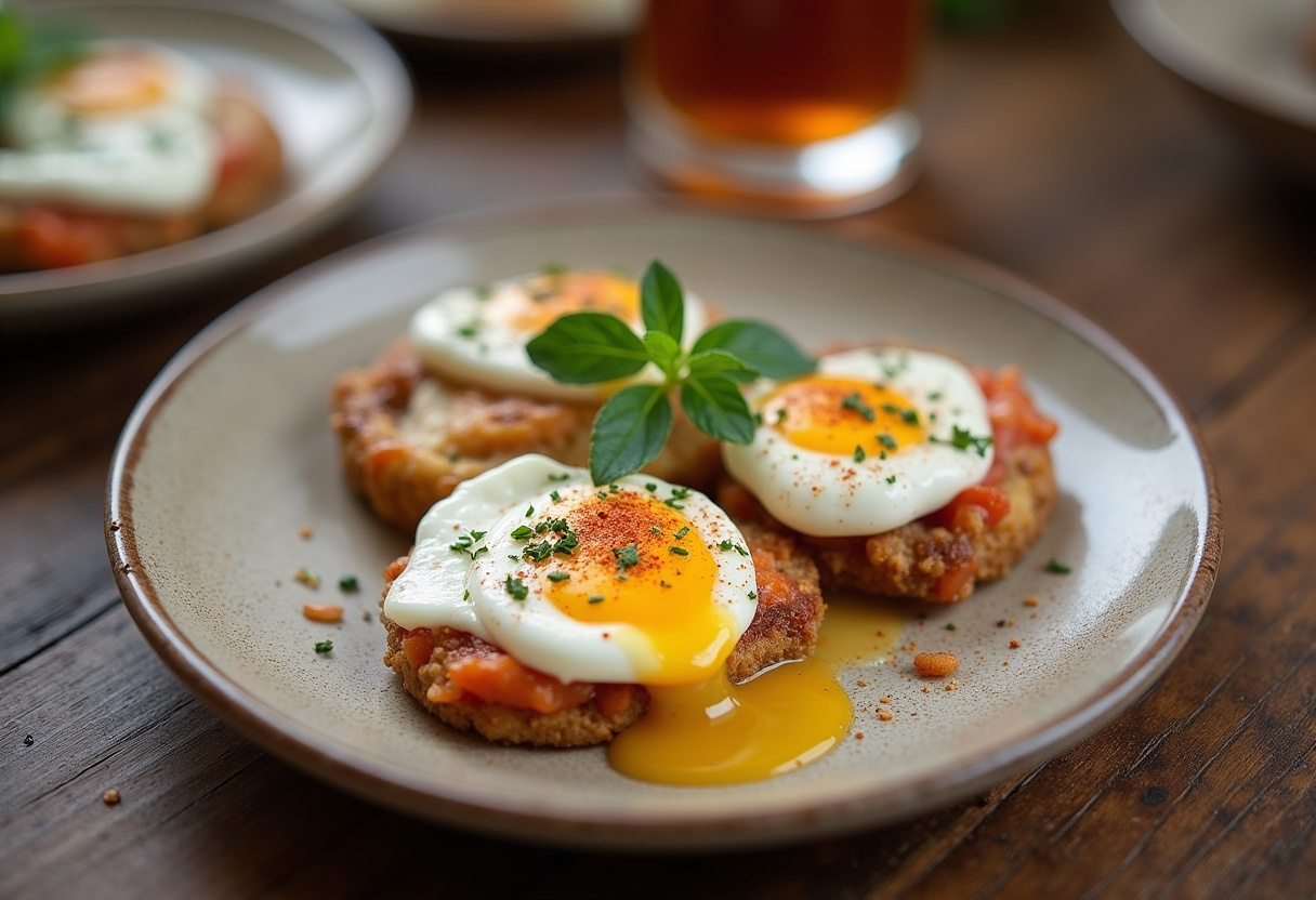 Final presentation of Turkish Eggs with Greek Yogurt, showcasing poached eggs on creamy yogurt adorned with herbs and spices. A delicious and visually appealing meal.