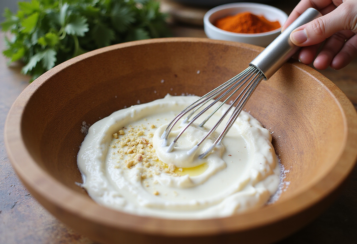 Mixing Greek yogurt, garlic, and spices for Turkish eggs in a cozy kitchen. A perfect base for delicious Turkish Eggs with Greek Yogurt.